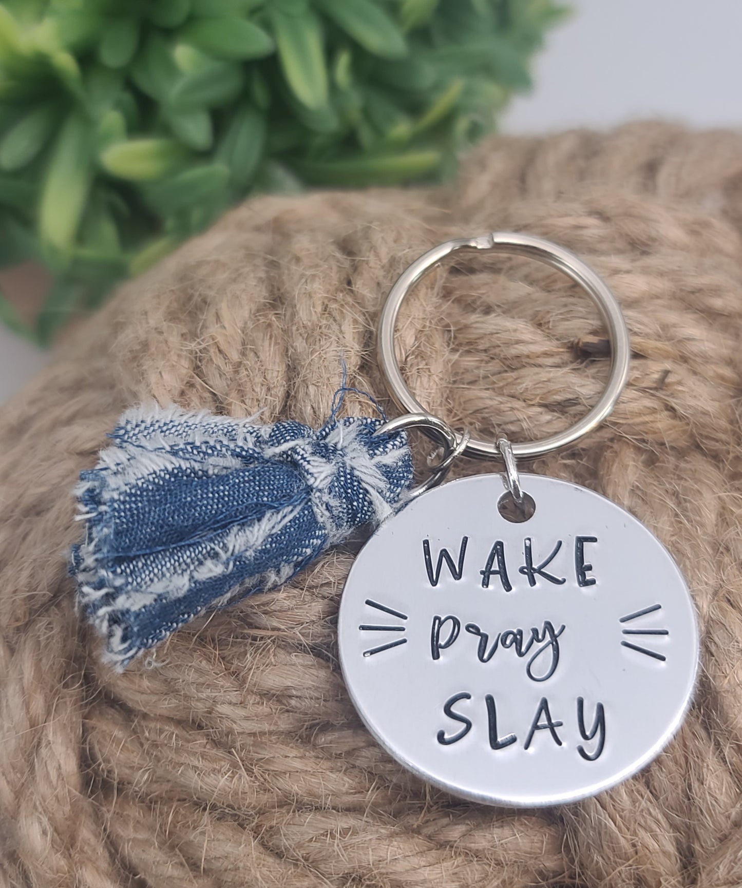 "Wake Pray Slay" Hand Stamped Metal Keychain | Aluminum