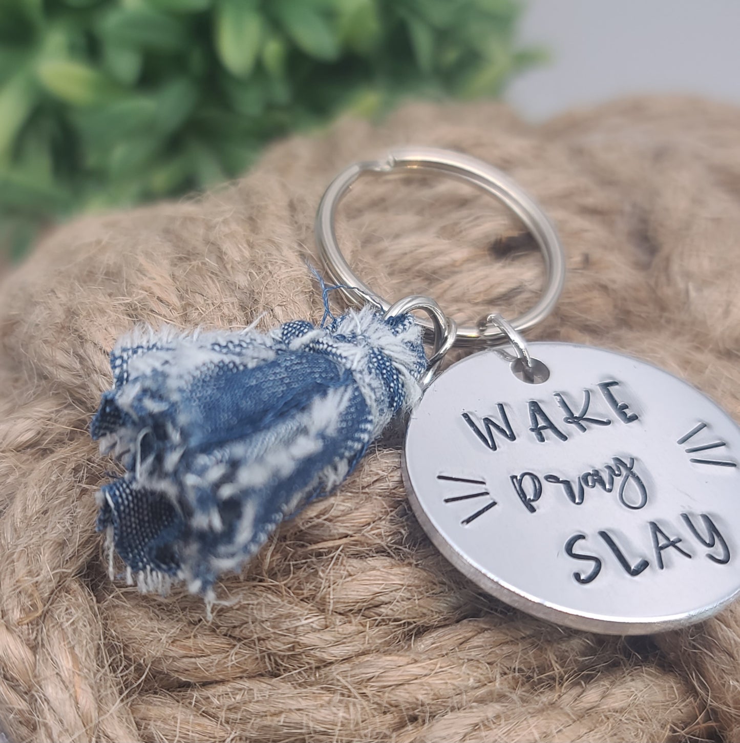 "Wake Pray Slay" Hand Stamped Metal Keychain | Aluminum