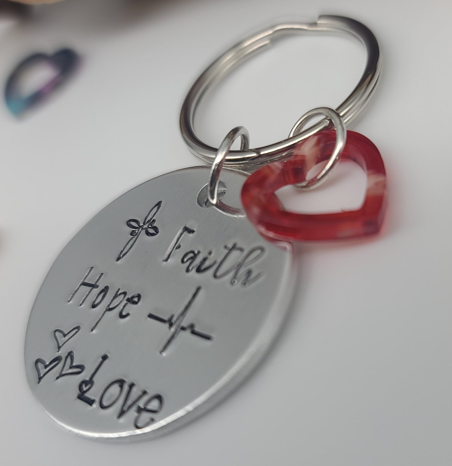 "Faith Hope Love" Hand Stamped Metal Keychain | Aluminum