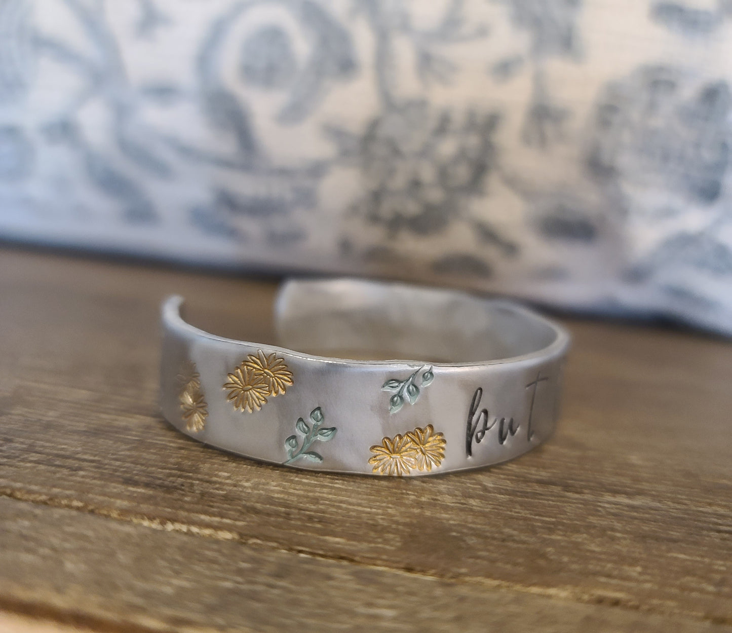 Hand Stamped "But God" Aluminum Cuff Bracelet | Flower Motif