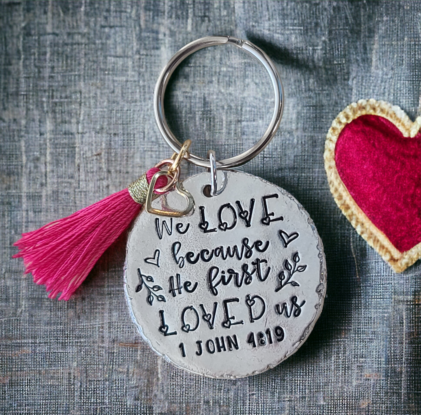 "He First Loved Us" Hand Stamped Metal Keychain | Pewter