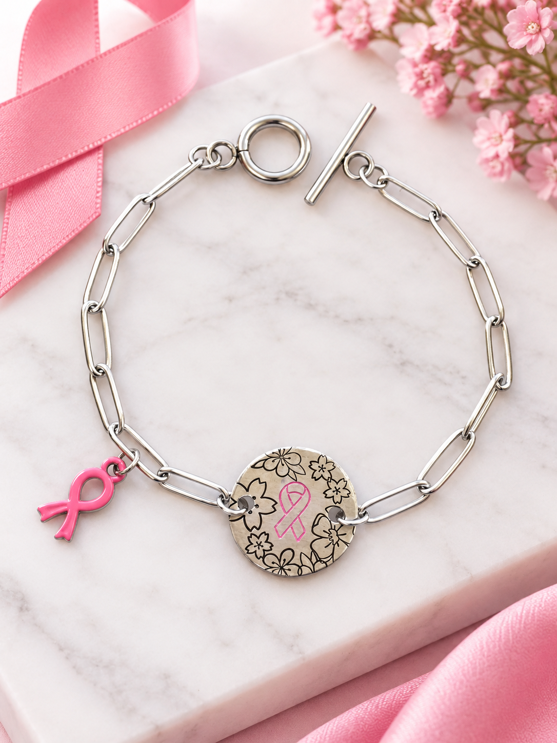 Pink Cancer Ribbon and Floral Circle Pendant Bracelet