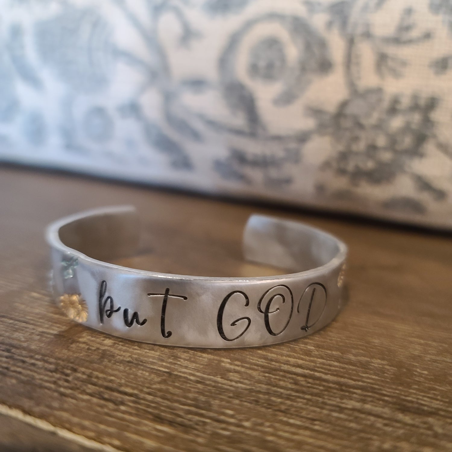 Hand Stamped 'But God' Aluminum Cuff Bracelet | Flower Motif