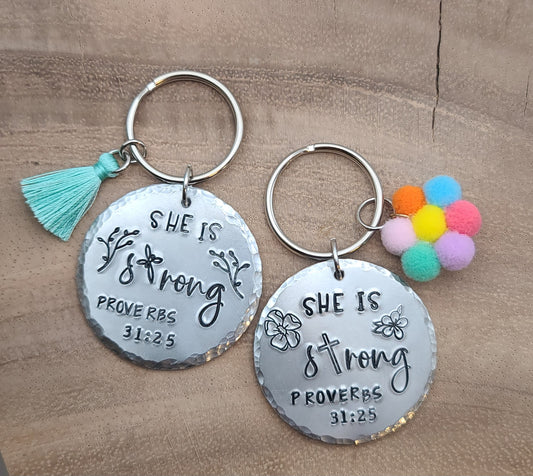 "She is Strong" Hand Stamped Metal Keychain | Aluminum