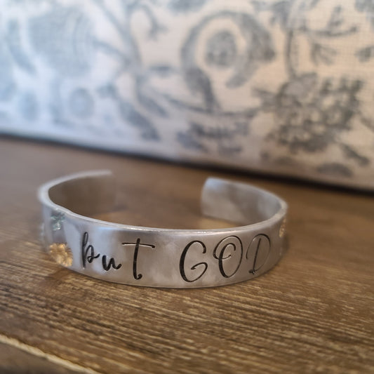 Hand Stamped "But God" Aluminum Cuff Bracelet | Flower Motif