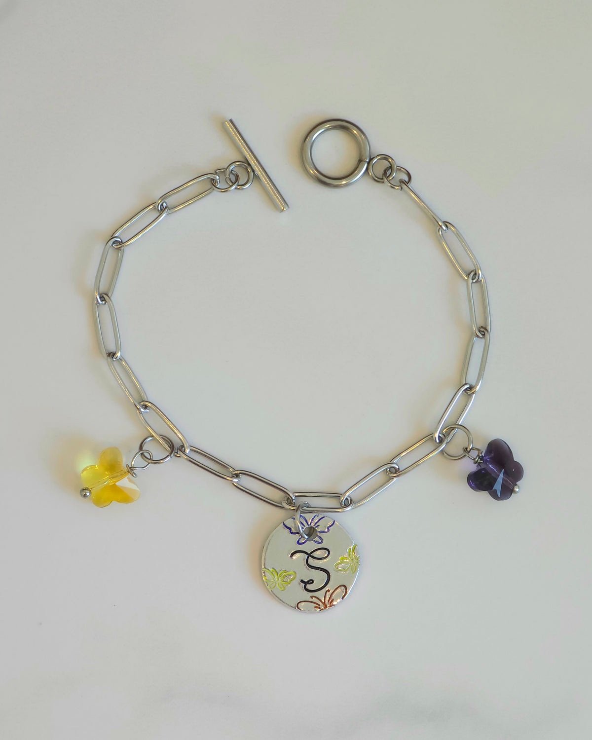 Butterfly Initial Circle Pendant Bracelet