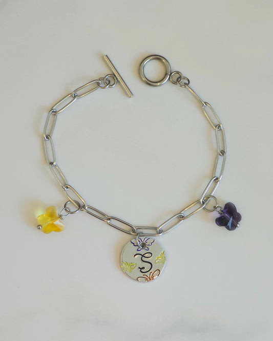 Butterfly Initial Circle Pendant Bracelet