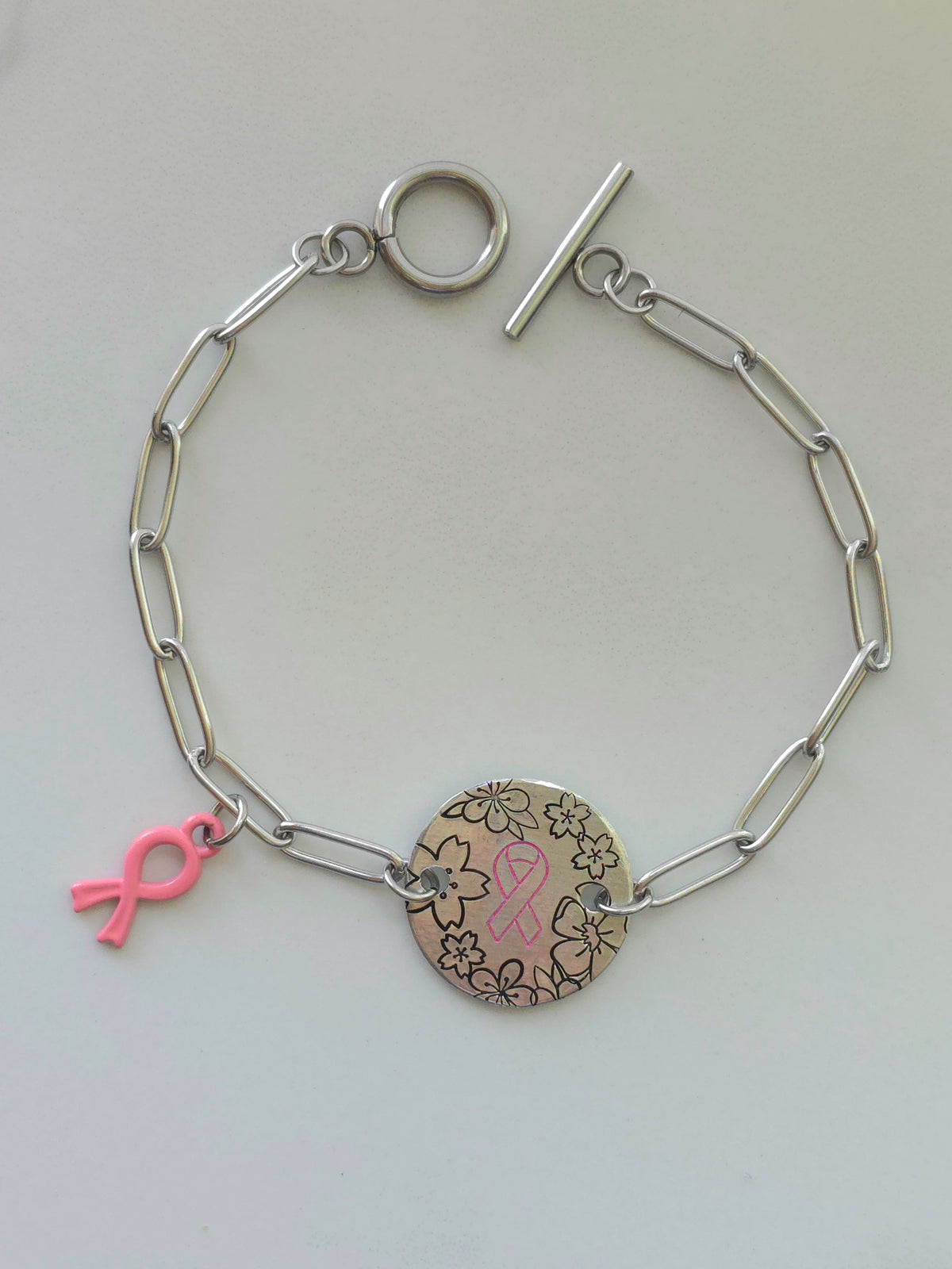 Pink Cancer Ribbon and Floral Circle Pendant Bracelet