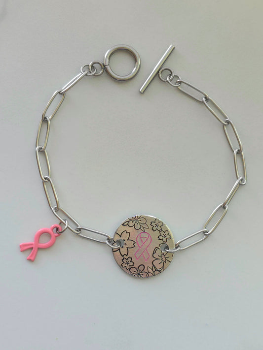 Pink Cancer Ribbon and Floral Circle Pendant Bracelet