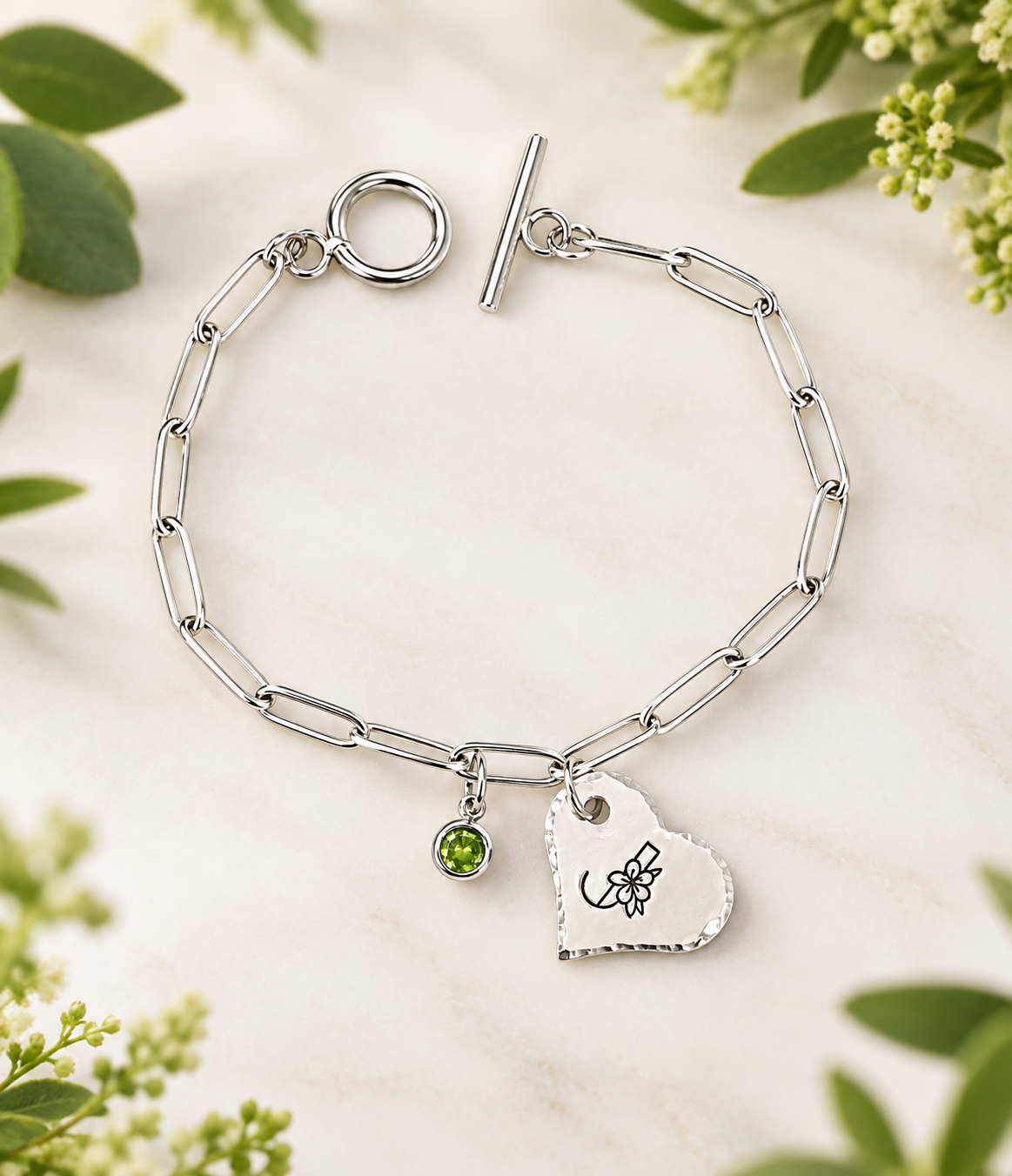Flower Monogram Heart Pendant Bracelet