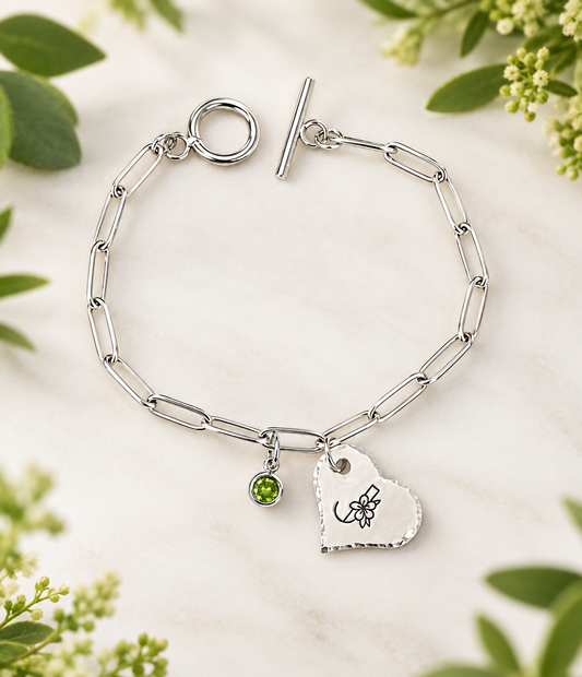 Flower Monogram Heart Pendant Bracelet