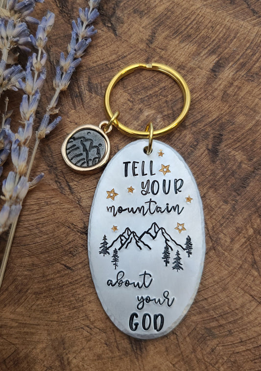 "Tell Your Mountain" Hand Stamped Metal Keychain | Aluminum